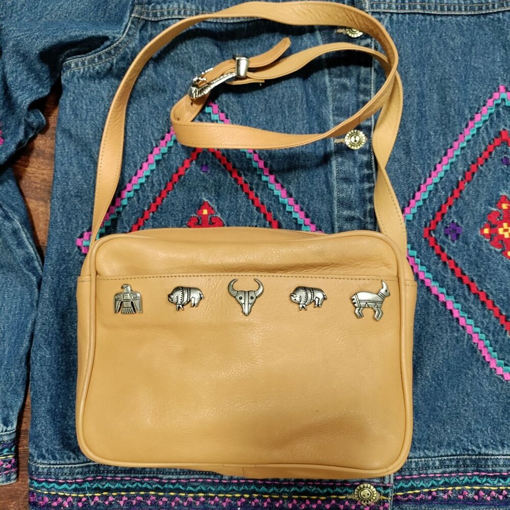 Vintage Andi Southwestern Cowgirl Native Leather Crossbody Bag Tan - Picture 4 of 14